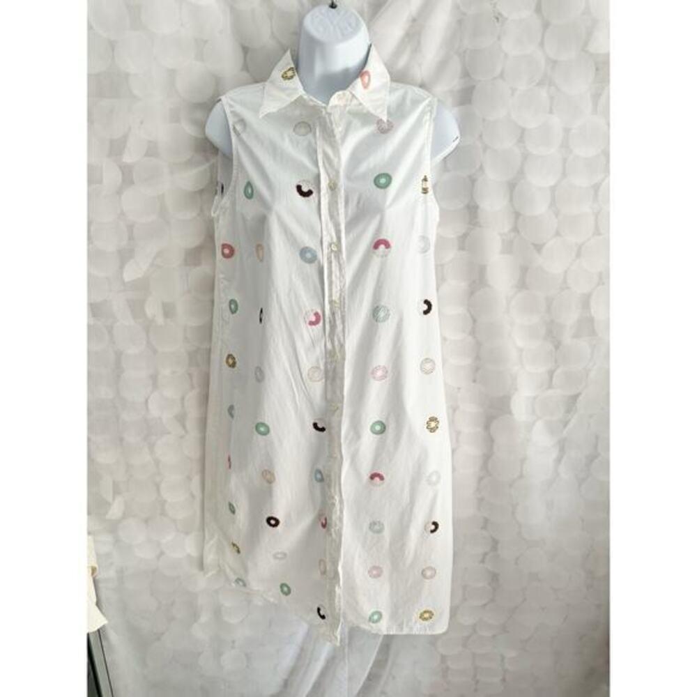 100% Cotton VILAGALLO 6 White Shirt Dress Sleeveless DONUT PRINT Casual Summer